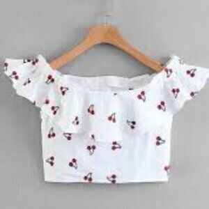 a cute cherry white off the shoulder crop top
